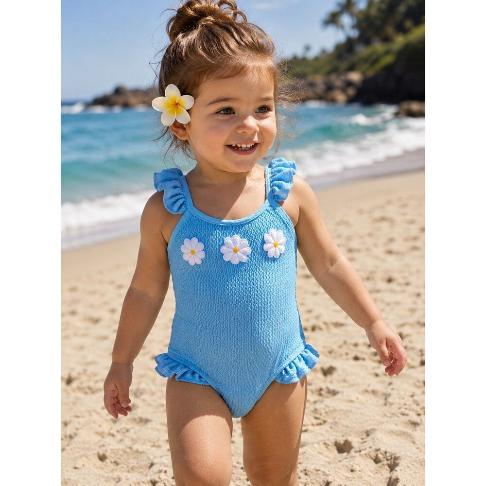 Lizens Girls One Piece Swimsuit 2T-3T Blue Daisy Floral Ruffle NWT